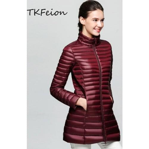 Women Down Jacket Fashion Streetwear 2019 Fall Winter Female Slim Long Coats Stand Collar Warm Duck Down Filler Light Thin Style