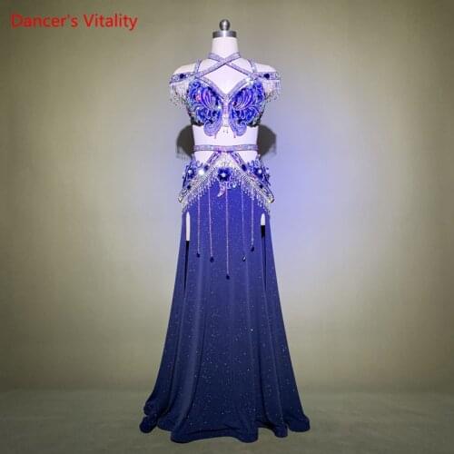 Belly Dance Female adult High-end Custom Sexy Bra New High Waist Temperament Flash Diamond Long Skirt Performance Clothing Set