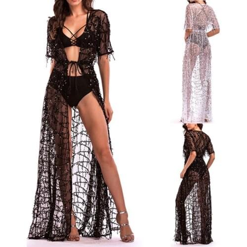Women Sequins Long Lace Lingerie Robe See Through Mesh Babydoll Nightgown Cover Up Nightdress Strap Closure 4 Sizes d88