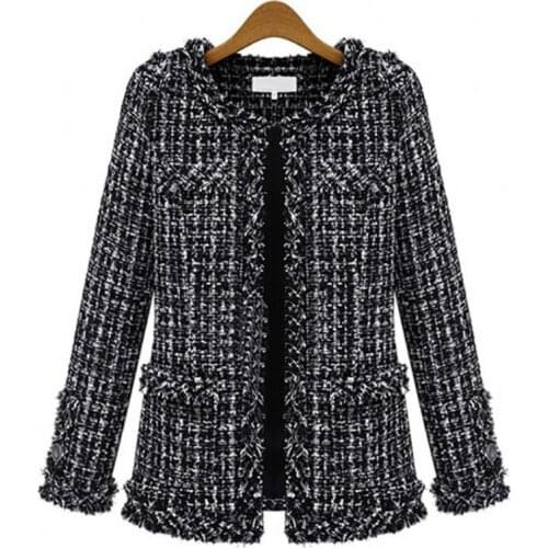 Autumn Winter Plaid Short Coat Women Vintage O Neck Long Sleeve Tassel Tweed Coat Ladies Jacket Slim Professional Coat