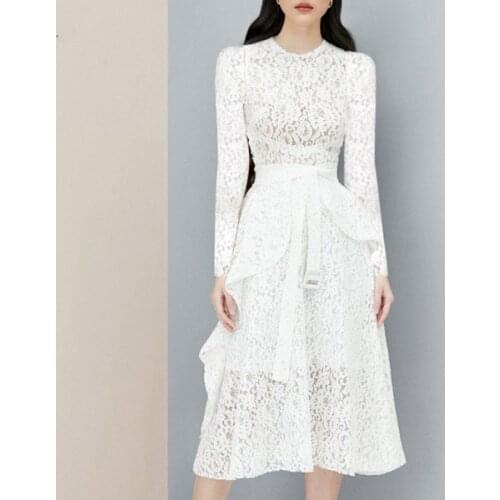 2021 Women Spring Fall Fashion Office lady Eelgant Long Sleeve O Neck Hollow out Ruffles Slim White Lace Midi Dress with Blet