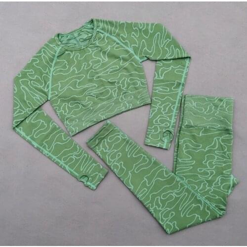 2pcs/set Curved Jacquard Women Long Sleeve Sport Suit Yoga Set Gym Workout Clothes Fitness Crop Top High Waist Seamless Leggings