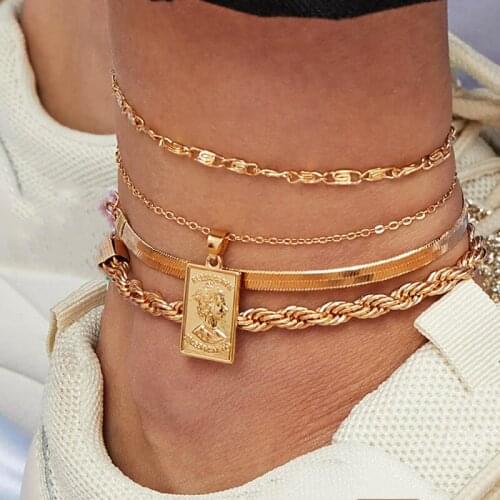 4 Pcs/Set Bohemian Head Portrait Anklet Set Snake Chain Leg Foot Bracelet Chunky Chain Handmade Bracelet Set for Women Jewelry