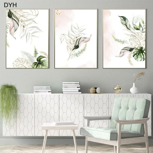 Watercolor Tropical Floral Poster Green Gold Leaves Wall Art Prints Canvas Painting Minimalist Art Mural Living Room Decoretion