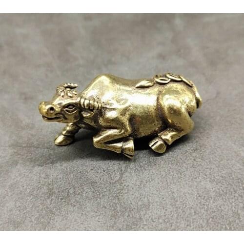 Antique Solid Brass Cattle Miniature Figurines Retro Copper Animal Tea Pet Desktop Ornament Decor Crafts Keychain Pendants