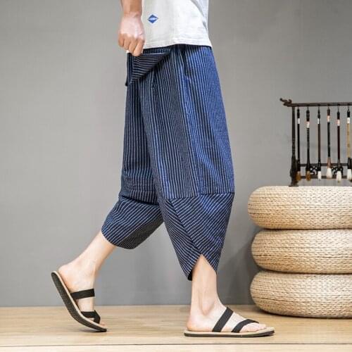 Men Women Hip Hop Plus Size Wide Leg Pants Japanese Vintage Striped New Mens Summer Cotton Linen Joggers Pants Male Vintage Chin