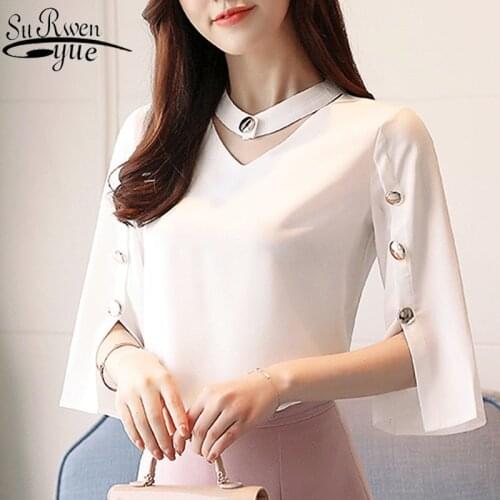Women blouses 2021 ladies tops chiffon blouse Beading Solid white blouse shirts Three Quarter V-Neck blusas shirts 2994 50