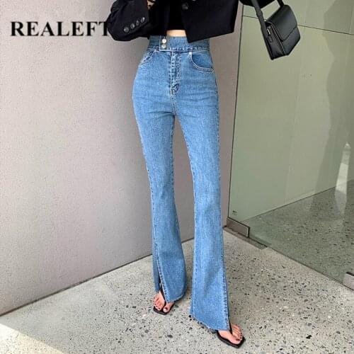 REALEFT 2021 New Classic Womens Jeans High Waisted Denim Flare Pants Retro Washed Buttons Streetwear Slim Chic Trousers Female