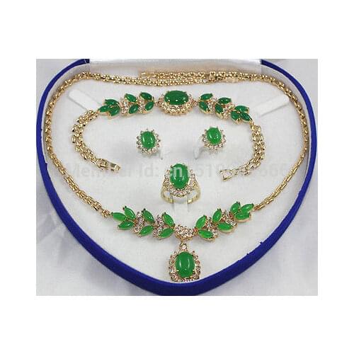 Hot sale Plated Inlay Green STONE Necklace Bracelet Ring Earring set AAA