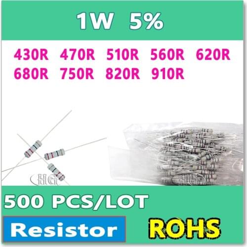 JASNPROSMA 500PCS/LOT 5% 1W 430R 470R 510R 560R 620R 680R 750R 820R 910R carbon film DIP OHM Resistor