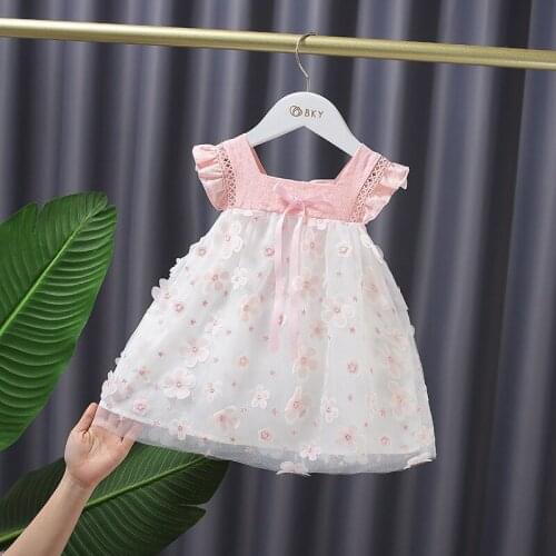 Summer Childrens Dress Girls Mesh Dresses Flying Sleeve Fashion A-line Flower Baby Girl Clothes Toddler Thin Costume
