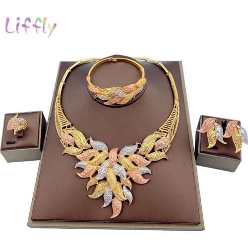Liffly African Jewelry Sets Colorful Necklace Bracelet Earrings Ring Women Fashion Jewelry Set Wedding Bridal Jewelry