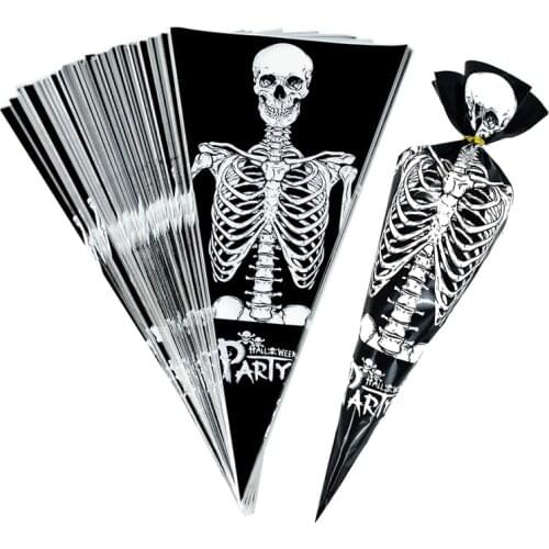 150pcs Halloween Candy Bags Skeleton Pumpkins Witches Spider Web Happy Halloween Trick or Treat Packaging Cone Bag Kids Favors