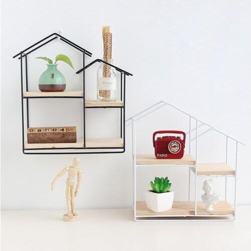 1PC House Metal Wall Rack Two layer Flower Vase Holder Multi-use Wooden Wall Sundries Holder Wall Shelf Storage Rack JL 247