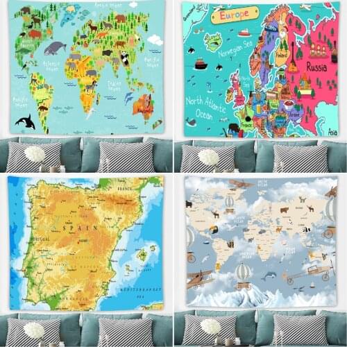 World Map Tapestry Wall Hanging Watercolor Art Decor Abstract Dorm Large Vintage Geography Earth Globe Tapestries Hangings