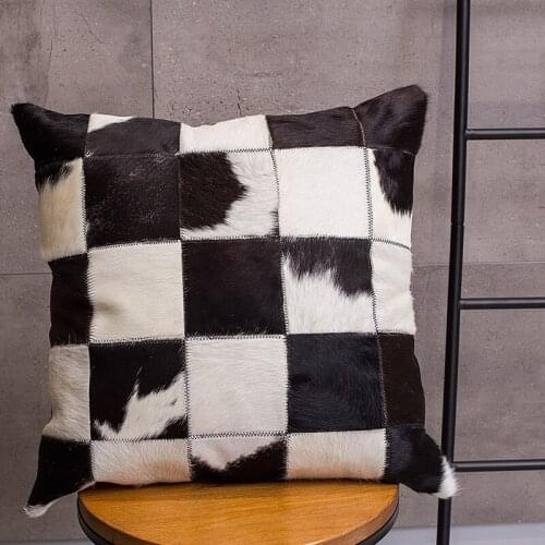 Single side genuine cowhide skin fur pillow cushion , black and white handmade real cow leather pillow for furniture upholstery