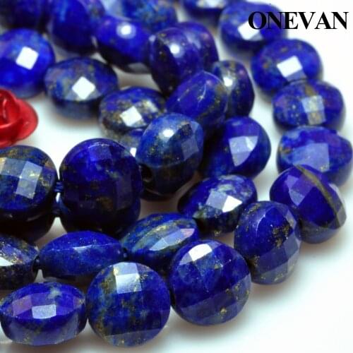 ONEVAN Natural Lapis Lazuli Faceted Flat Round Coin Beads Smooth Stone Bracelet Necklace Jewelry Making Diy Accessories Design