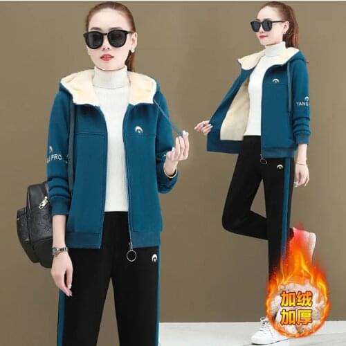 Fall Winter Fashion Thickened Imitation Lambswool Tracksuit Women Oversized Casual Hooded Zipper Sweatshirt Pantsuit 2 Piece Set