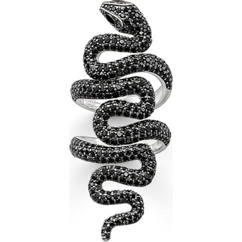 Openable Double-Ringed Black CZ Snake Rings, Fashion Thomas Style Glam Rings 925 Sterling Silver Jewelry Ts Gift for Women Men