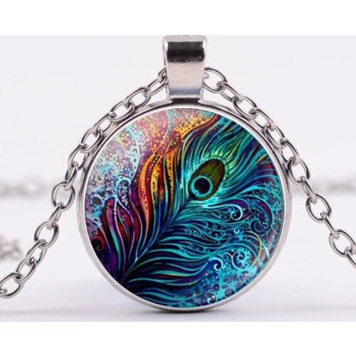 Fashion Ethnic Style Colorful Peacock Feather Round Glass Pendent Necklace for Women Men Girls Kids Neck Jewelry Gift Wholesale
