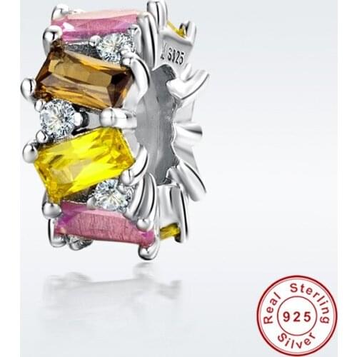 Fit Panodra Bracelet Original 925 Sterling Silver Round Shape Cubic Zirconia Beads s925 Square Stone Charm Pendant for Necklace