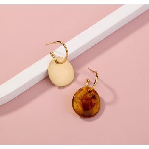 Simple Vintage C Shape Round Aolly Brown Acrylic Plate Dissymmetry Stud Earrings For Women