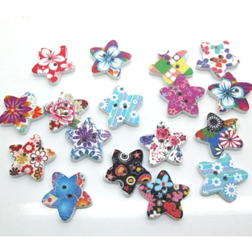 50Pcs Mixed Star Flower Wood Shape Apparel Sewing Buttons For Kids Clothes Scrapbooking Decorative Handicraft DIY Accessories
