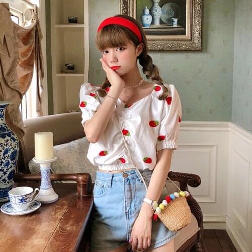 Korean Version of Sweet Small Fresh Fruit Embroidered Umbilical Small Shirt V-neck Short Top Small Shirt Trendy Girl