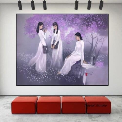 Hand Pained Knife Painting Abstract Art School Girl in Vietnamese Art for Living Room Wall Decoration