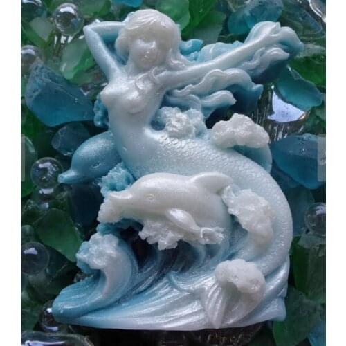 Mermaid and Dolphin Riding a Wave Handmade Soap Mold 3D Silicone Mermaid Soap Mold Moulds Silicone Rubber PRZY Eco-friendly