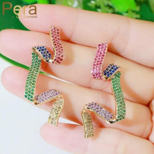 Pera Beautiful Micro Full Colorful Cubic Zirconia Paved Elegant Jewelry Long Yellow Gold Ribbons Dangle Earrings for Women E614