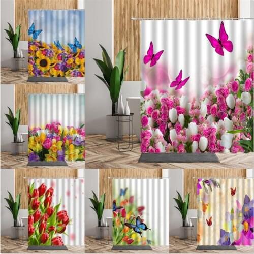 Floral Butterfly Printed Shower Curtains Tulip Pink Rose Bathroom Curtain Spring Natural Flowers Waterproof Bath Room Decors Set