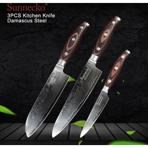 SUNNECKO 3PCS Kitchen Knife Set Chef Santoku Utility Knives Damascus Japanese VG10 Steel Blade Meat Cutter Knives Wood Handle