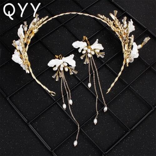 QYY White Flowers Crystal Pearl Tiaras and Crowns Bridal Hair Accessories Wedding Hair Jewelry Bridesmaid Headpiece for Women