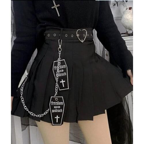 Ruibbit New Arrival High Waist Black Chain Pleated Skirt Rock Punk Gothic Harajuku Mini Skirts Girl Punk Japanese Short Skirts