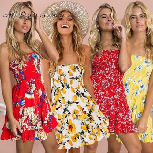 Womens Holiday Strapless Floral Dress Boho Red Dresses for Woman Sexy Summer Backless Beach Mini Sundress A Line Bohemian Dress