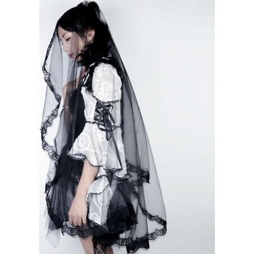 Women Black Halloween Cosplay Veil Lace Edge Elbow-length Wedding Bridal Tulle Veil Amazing Lady Lolita Witch Headpiece Accesso