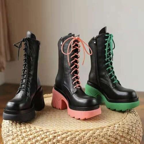 Women Shoes 2021 Autumn Winter New Platform Boots Women Chunky Heels Shoes Fashion Round Toe Genuine Cow Leather Mid-Calf Boots