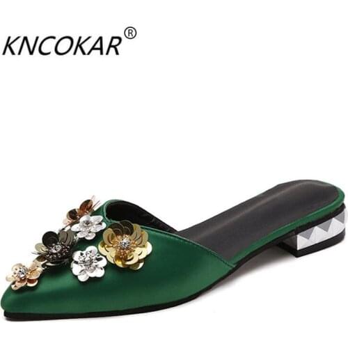 KNCOKAR Cool in the summer of fashion slippers female shoes flower princess slippers pointed sequined shoes sexy