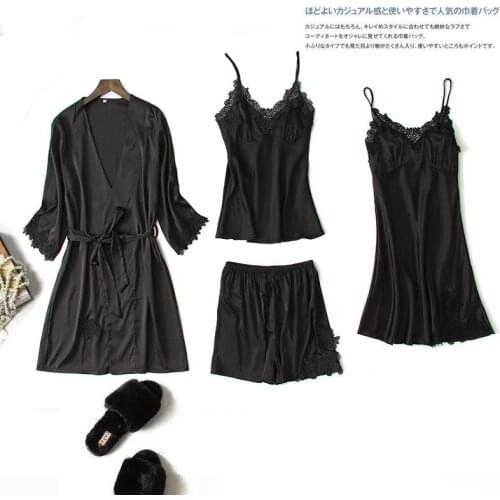 Sexy Satin Lace Pajamas Set Womens 4PC Strap Top Pants Suit Sleepwear Spring Autumn Home Wear Nightwear Bath Gown with chest pad