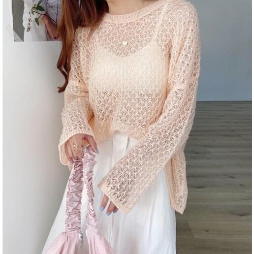 Fashion Autumn Sexy Hollow Knitted Sweater Women Pullover O-Neck Long Sleeve Cute Sweet Casual Loose Basic Streetwear Female Top