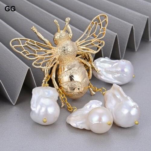 GuaiGuai Jewelry Luxury Brooch Natural White Baroque Pearl Gold Color Plated Bee Brooch Pin Classic For Women