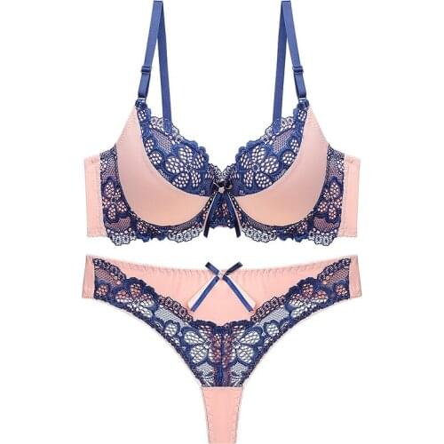 Two-piece lace gathered sexy thong bra set European and American stereotypes thin cup underwear light and breathable