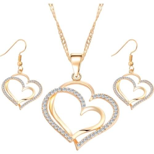 IF YOU Beautiful Heart Pattern Crystal Earrings Necklace Set Gold Color Chain Jewelry Sets Bridal Wedding Accessories Wholesale