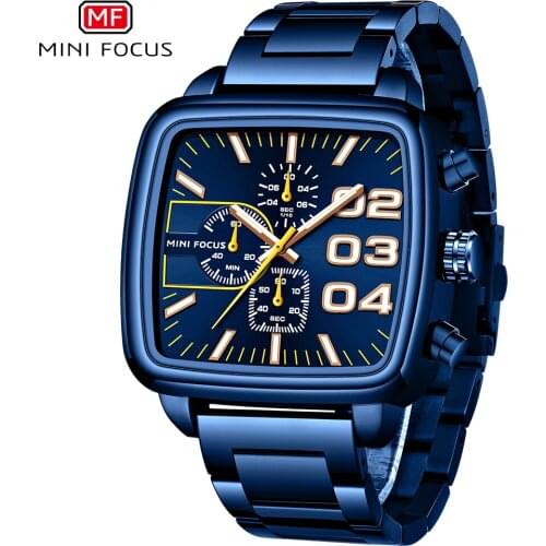 Minifocus Men Watch Stainless Steel Dress Wristwatch Business Chronograph Square Dial Clock Waterproof Relogios Masculino