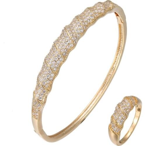 Trendy Clamper CZ Bangle Ring Set RB61352 Jewelry Women Elegant Bracelet Gold Silver Plated