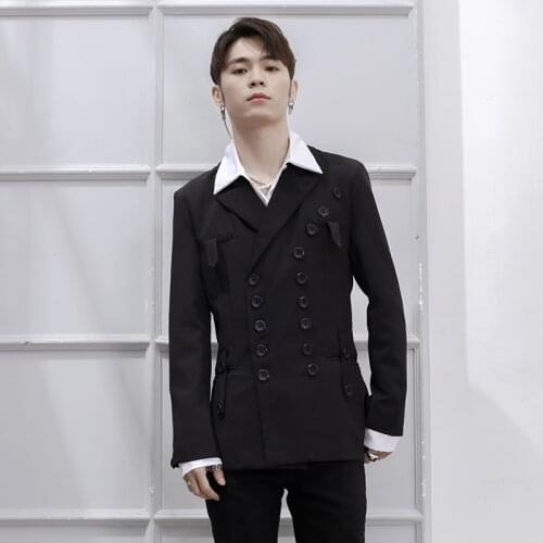 Dark black Yamamoto double breasted large youth popular wedding slim fit mens top Korean Japanese performance dress