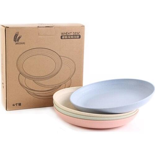 Unbreakable 4pcs Set Healthy Wheat Straw Eco Friendly Biodegradable Dinner Plates Dinnerware Dishes Set Round Food Plate Saucers