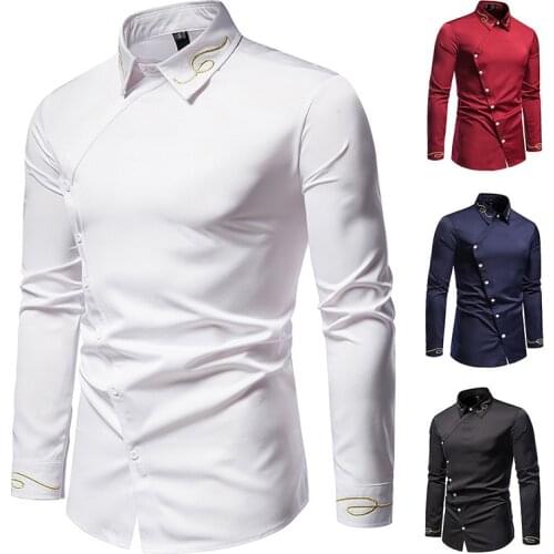2021 New Spring and Autumn Fashion Casual Mens Embroidered Diagonal Single-breasted Slim Long-sleeved Mens Shirts
