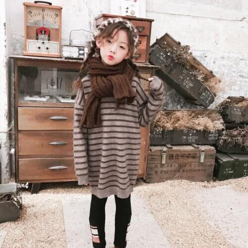 2020 Autumn Winter Kids Girls Casual Knitted Dress Chidldren Striped O-Neck Long Sleeve Sweater Dresses Teen Girls Clothing K101